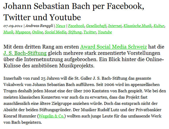 Bach per Twitter, Facebook und Youtube